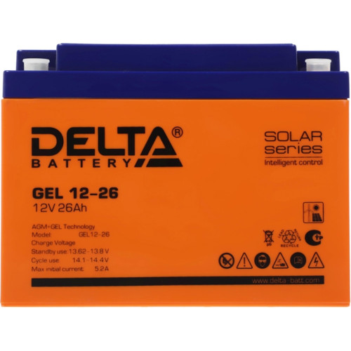 Батарея Vektor Battery серия GEL, GEL 12-26, напряжение 12В, емкость 25,6 Ач (разряд 10 часов), макс. ток разряда (5 сек.) 270А, макс. ток заряда 5,2 А, свинцово-кислотная типа GEL, клеммы M5, ДxШxВ 166x175x125мм., вес 7,7 кг., срок службы 13 лет
