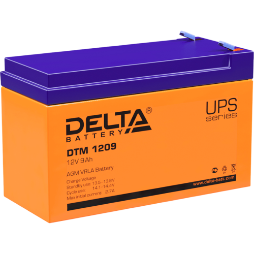 Battery DELTA series DTM, DTM 1209, voltage 12V, capacity 9Ah (discharge 20 hours), max. discharge current (5 sec.) 105A, max. charge current 2.55A, lead-acid type AGM, terminals F2, LxWxH 151x65x94mm., weight 2.65kg., service life 6 years.