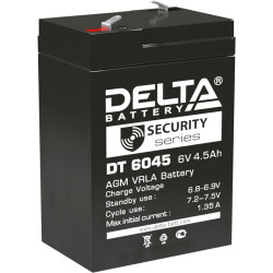 Battery DELTA series DT, DT 6045, voltage 6V, capacity 4.5Ah (discharge 20 hours), max. discharge current (5 sec.) 70A, max. charge current 1.35A, lead-acid type AGM, terminals F1, LxWxH 70x47x100mm., weight 0.75kg., service life 5 years.