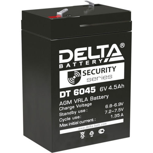 Battery DELTA series DT, DT 6045, voltage 6V, capacity 4.5Ah (discharge 20 hours), max. discharge current (5 sec.) 70A, max. charge current 1.35A, lead-acid type AGM, terminals F1, LxWxH 70x47x100mm., weight 0.75kg., service life 5 years.