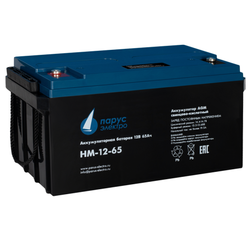 Battery Parus Electro, standard series HM-12-65, voltage 12V, capacity 65Ah (discharge 10 hours), max. discharge current (5sec) 750A, max. charge current 19.5A, lead-acid type AGM, terminals for M6 bolt, LxWxH 350x167x179mm., total height with terminals 1