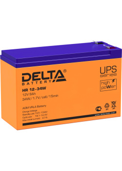 Батарея DELTA серия HR-W, HR 12-34 W, напряжение 12В, емкость 9Ач (разряд 20 часов),  макс. ток разряда (5 сек.) 160А, макс. ток заряда 2.7А, свинцово-кислотная типа AGM, клеммы F2, ДxШxВ 151х65х94мм., вес 2.62кг., срок службы 8 лет./ Battery DELTA series