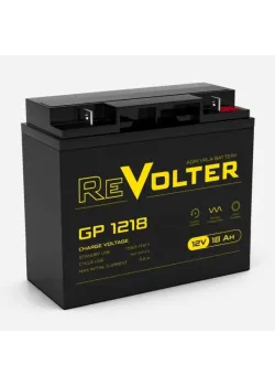 Батарея REVOLTER серия GP, REVOLTER GP 1218, напряжение 12В, емкость 20.4Ач (разряд 20 часов),  макс. ток разряда (5 сек.) 270А, макс. ток заряда 5.2А, свинцово-кислотная типа AGM, клеммы под гайку и болт M6, ДxШxВ 181х77х158мм., вес 5.35кг., срок службы 