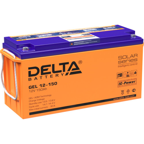 Батарея DELTA серия GEL, GEL 12-150, напряжение 12В, емкость 150Ач (разряд 10 часов),  макс. ток разряда (5 сек.) 1000А, макс. ток заряда 30А, свинцово-кислотная типа AGM+GEL, клеммы под болт М8, ДxШxВ 484х170х241мм., вес 48.1кг., LCD, срок службы 10-12 л