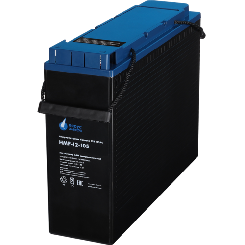 Battery Parus Electro, specialized series HMF-12-105, voltage 12V, capacity 105Ah (discharge 10 hours), max. discharge current (5sec) 900A, max. charge current 31.5A, lead-acid AGM type, M8 bolt terminals, LxWxH 395x110x286mm., total height with terminals