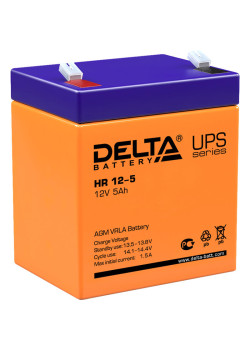 Батарея DELTA серия HR, HR 12-5, напряжение 12В, емкость 5Ач (разряд 20 часов),  макс. ток разряда (5 сек.) 75А, макс. ток заряда 1.5А, свинцово-кислотная типа AGM, клеммы F2, ДxШxВ 90х70х101мм., вес 1.8кг., срок службы 8 лет./ Battery DELTA series HR, HR