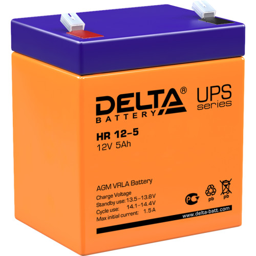 Battery DELTA series HR, HR 12-5, voltage 12V, capacity 5Ah (discharge 20 hours), max. discharge current (5 sec.) 75A, max. charge current 1.5A, lead-acid type AGM, terminals F2, LxWxH 90x70x101mm., weight 1.8kg., service life 8 years.