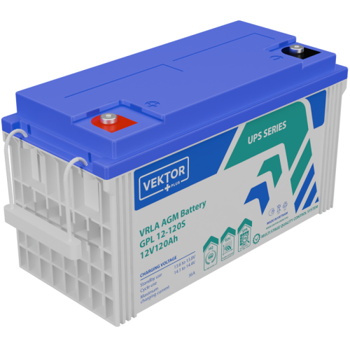 Батарея Vektor Battery серия GPL (S), GPL 12-120S, напряжение 12В, емкость 126,2 Ач (разряд 20 часов), емкость 121,0 Ач (разряд 10 часов), макс. ток разряда (5 сек.) 1200А, макс. ток заряда 30 А, свинцово-кислотная типа AGM, клеммы M8, ДxШxВ 407x177x224мм