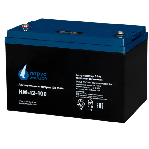 Battery Parus Electro, standard series HM-12-100, voltage 12V, capacity 100Ah (discharge 10 hours), max. discharge current (5sec) 900A, max. charge current 30A, lead-acid type AGM, bolt terminals M8, LxWxH 330x171x215mm., total height with terminals 222mm