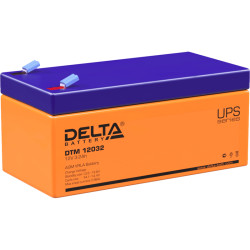 Battery DELTA series DTM, DTM 12032, voltage 12V, capacity 3.2Ah (discharge 20 hours), max. discharge current (5 sec.) 48A, max. charge current 0.96A, lead-acid type AGM, terminals F1, LxWxH 134x67x61mm., weight 1.35kg., service life 6 years.