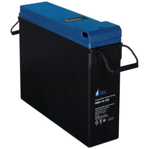 Battery Parus Electro, specialized series HMF-12-125, voltage 12V, capacity 125Ah (discharge 10 hours), max. discharge current (5sec) 950A, max. charge current 37.5A, lead-acid AGM type, M8 bolt terminals, LxWxH 436x108x317mm., total height with terminals