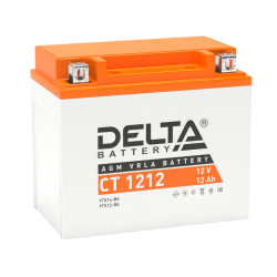 Аккумуляторная батарея для мото-техники/ DELTA серия  CT, CT 1212, напряжение 12В, емкость 12 Ач (разряд 10 часов 10.5 В), пусковой ток: 180А, полярность обратная ( - +),  тип AGM;Pb (свинцово-кислотный), клеммы: BN под болт,  ДxШxВ 150x86x131мм., вес  3,