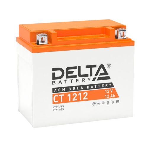 Аккумуляторная батарея для мото-техники/ DELTA серия  CT, CT 1212, напряжение 12В, емкость 12 Ач (разряд 10 часов 10.5 В), пусковой ток: 180А, полярность обратная ( - +),  тип AGM;Pb (свинцово-кислотный), клеммы: BN под болт,  ДxШxВ 150x86x131мм., вес  3,