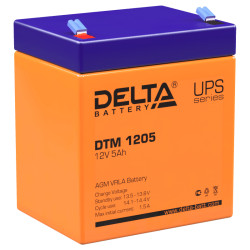 Battery DELTA series DTM, DTM 1205, voltage 12V, capacity 5Ah (discharge 20 hours), max. discharge current (5 sec.) 75A, max. charge current 1.5A, lead-acid type AGM, terminals F2, LxWxH 90x70x101mm., weight 1.8kg., service life 6 years.