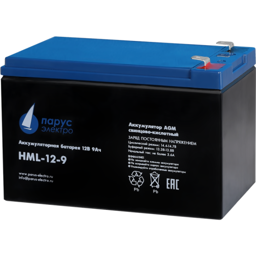 Battery Parus Electro, professional series HML-12-9, voltage 12V, capacity 9Ah (discharge 20 hours), max. discharge current (5sec) 135A, max. charge current 3.6A, lead-acid type AGM, terminals F2, LxWxH 151x65x94mm., total height with terminals 101mm., we
