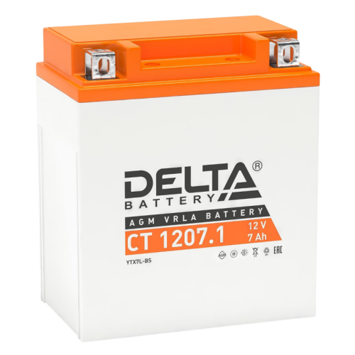 Аккумуляторная батарея для мото-техники/ DELTA серия  CT, CT 1207.1, напряжение 12В, емкость 7 Ач (разряд 10 часов 10.5 В), пусковой ток: 100А, полярность обратная ( - +),  тип AGM;Pb (свинцово-кислотный), клеммы: BN под болт,  ДxШxВ 114x70x132мм., вес  2