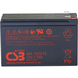 Батарея CSB серия GP, GPL1272 F2 FR, напряжение 12В, емкость 7.2Ач (разряд 20 часов), макс. ток разряда (5 сек.) 130А, ток короткого замыкания 265А, макс. ток заряда 2.16A, свинцово-кислотная типа AGM, клеммы F2, ДxШxВ 150.9x64.8x98.6мм., вес 2.6кг., срок
