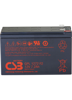 Батарея CSB серия GP, GPL1272 F2 FR, напряжение 12В, емкость 7.2Ач (разряд 20 часов), макс. ток разряда (5 сек.) 130А, ток короткого замыкания 265А, макс. ток заряда 2.16A, свинцово-кислотная типа AGM, клеммы F2, ДxШxВ 150.9x64.8x98.6мм., вес 2.6кг., срок