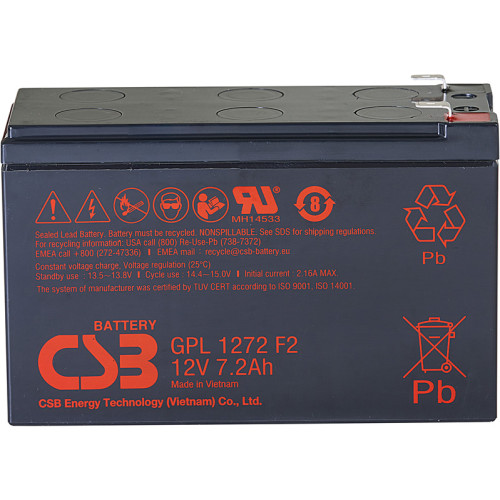 Батарея CSB серия GP, GPL1272 F2 FR, напряжение 12В, емкость 7.2Ач (разряд 20 часов), макс. ток разряда (5 сек.) 130А, ток короткого замыкания 265А, макс. ток заряда 2.16A, свинцово-кислотная типа AGM, клеммы F2, ДxШxВ 150.9x64.8x98.6мм., вес 2.6кг., срок