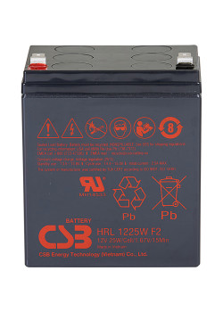Батарея CSB серия HRL, HRL1225W F2, напряжение 12В, емкость 6.25Ач (разряд 20 часов), 25 Вт/Эл при 15-мин. разряде до U кон. - 1.67 В/Эл при 25 °С, макс. ток разряда (5 сек.) 130А, ток короткого замыкания 328А, макс. ток заряда 2.5A, свинцово-кислотная ти