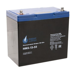 Battery Parus Electro, specialized series HMS-12-55 203W, voltage 12V, capacity 55Ah (discharge 10 hours), power at 15 min. discharge up to U - 1.65 V/cell at 25 °C 203W, max. discharge current (5sec) 550A, max. charge current 17.4A, lead-acid type AGM, t