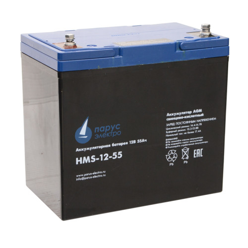 Battery Parus Electro, specialized series HMS-12-55 203W, voltage 12V, capacity 55Ah (discharge 10 hours), power at 15 min. discharge up to U - 1.65 V/cell at 25 °C 203W, max. discharge current (5sec) 550A, max. charge current 17.4A, lead-acid type AGM, t