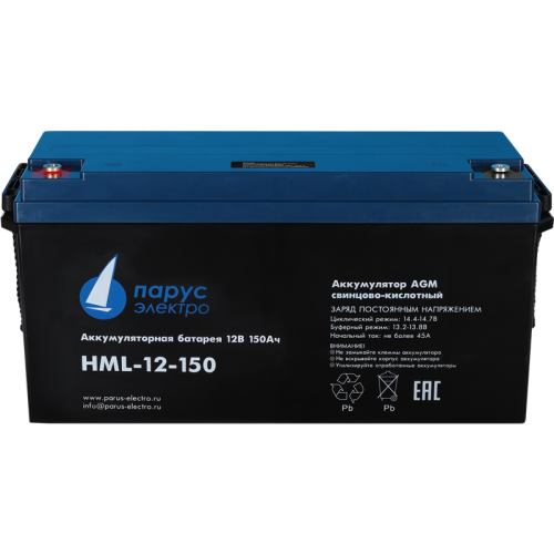 Battery Parus Electro, professional series HML-12-150, voltage 12V, capacity 150Ah (discharge 10 hours), max. discharge current (5sec) 1000A, max. charge current 45A, lead-acid AGM type, M8 bolt terminals, LxWxH 482x170x240mm., total height with terminals