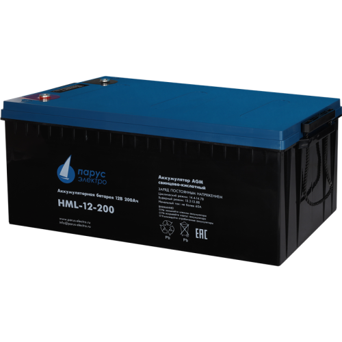 Battery Parus Electro, professional series HML-12-200, voltage 12V, capacity 200Ah (discharge 10 hours), max. discharge current (5sec) 1000A, max. charge current 60A, lead-acid type AGM, bolt terminals M8, LxWxH 522x238x218mm., total height with terminals Battery Parus Electro, professional series HML-12-200, voltage 12V, capacity 200Ah (discharge 10 hours), max. discharge current (5sec) 1000A, max. charge current 60A, lead-acid type AGM, bolt terminals M8, LxWxH 522x238x218mm., total height with terminals