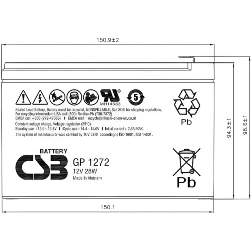 Батарея CSB серия GP, GP1272 F2, напряжение 12В, емкость 7.2Ач (разряд 20 часов), макс. ток разряда (5 сек.) 130А, ток короткого замыкания 304А, макс. ток заряда 2.8A, свинцово-кислотная типа AGM, клеммы F2, ДxШxВ 150.9x64.8x98.6мм., вес 2.4кг., срок служ