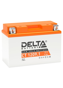 Аккумуляторная батарея для мото-техники/ DELTA серия  CT, CT 1209.1, напряжение 12В, емкость 9 Ач (разряд 10 часов 10.5 В), пусковой ток: 115А, полярность обратная ( - +),  тип AGM;Pb (свинцово-кислотный), клеммы: BN под болт,  ДxШxВ 151x71x107мм., вес  2