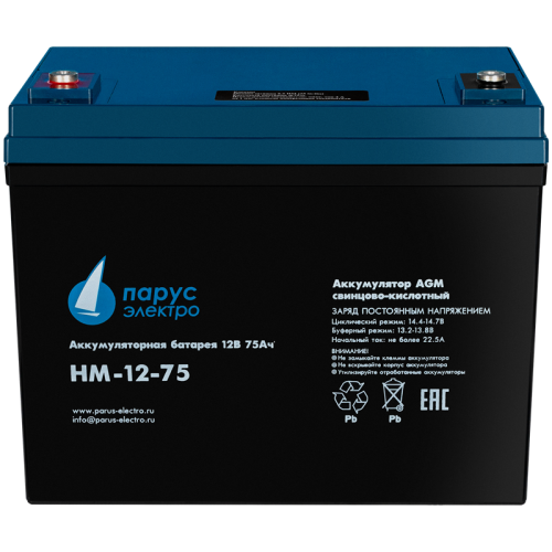 Battery Parus Electro, standard series HM-12-75, voltage 12V, capacity 75Ah (discharge 10 hours), max. discharge current (5sec) 700A, max. charge current 22.5A, lead-acid AGM type, M6 bolt terminals, LxWxH 258x166x206mm., total height with terminals 215mm