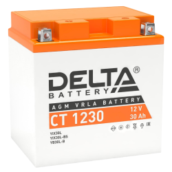 Аккумуляторная батарея для мото-техники/ DELTA серия  CT, CT 1230, напряжение 12В, емкость 30 Ач (разряд 10 часов 10.5 В), пусковой ток: 300А, полярность обратная ( - +),  тип AGM;Pb (свинцово-кислотный), клеммы: BN под болт,  ДxШxВ 168x126x175мм., вес  8