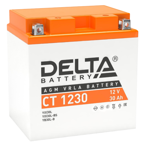 Аккумуляторная батарея для мото-техники/ DELTA серия  CT, CT 1230, напряжение 12В, емкость 30 Ач (разряд 10 часов 10.5 В), пусковой ток: 300А, полярность обратная ( - +),  тип AGM;Pb (свинцово-кислотный), клеммы: BN под болт,  ДxШxВ 168x126x175мм., вес  8