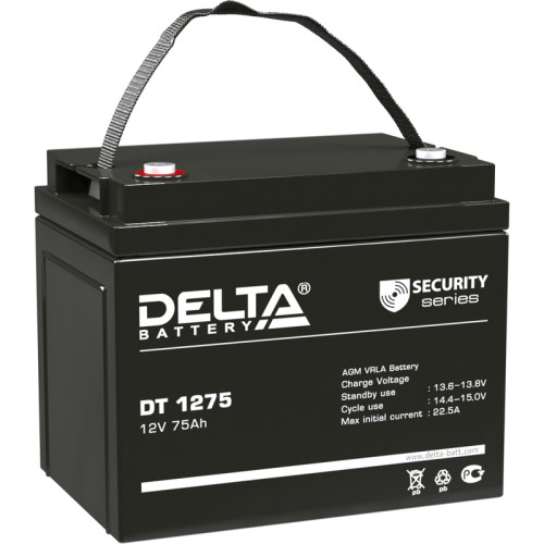 Battery DELTA series DT, DT 1275, voltage 12V, capacity 75Ah (discharge 20 hours), max. discharge current (5 sec.) 870A, max. charge current 22.5A, lead-acid AGM type, M6 bolt terminals, LxWxH 260x168x211mm., weight 21.5kg., service life 7-10 years.