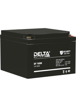 Battery DELTA series DT, DT 1226, voltage 12V, capacity 26Ah (discharge 20 hours), max. discharge current (5 sec.) 390A, max. charge current 7.8A, lead-acid type AGM, terminals for nut and bolt M6, LxWxH 175x166x125mm., weight 8kg., service life 5 years.