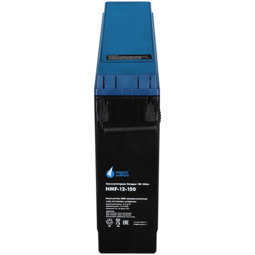 Battery Parus Electro, specialized series HMF-12-150, voltage 12V, capacity 150Ah (discharge 10 hours), max. discharge current (5sec) 1050A, max. charge current 45A, lead-acid type AGM, bolt terminals M8, LxWxH 548x105x316mm., total height with terminals 