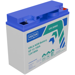 Батарея Vektor Battery серия GP (S), GP 12-18SA, напряжение 12В, емкость 18,9 Ач (разряд 10 часов), макс. ток разряда (5 сек.) 120А, макс. ток заряда 3,6 А, свинцово-кислотная типа AGM, клеммы M5,5, ДxШxВ 182x77x166мм., вес 5,10 кг., срок службы 6 лет
