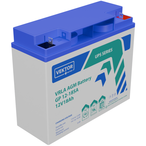 Батарея Vektor Battery серия GP (S), GP 12-18SA, напряжение 12В, емкость 18,9 Ач (разряд 10 часов), макс. ток разряда (5 сек.) 120А, макс. ток заряда 3,6 А, свинцово-кислотная типа AGM, клеммы M5,5, ДxШxВ 182x77x166мм., вес 5,10 кг., срок службы 6 лет