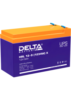 Батарея DELTA серия HRL-X, HRL 12-9 X, напряжение 12В, емкость 9Ач (разряд 10 часов),  макс. ток разряда (5 сек.) 135А, макс. ток заряда 2.7А, свинцово-кислотная типа AGM, клеммы F2, ДxШxВ 151х65х94мм., вес 2.55кг., срок службы 12 лет./ Battery DELTA seri