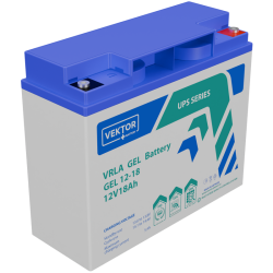 Батарея Vektor Battery серия GEL, GEL 12-18, напряжение 12В, емкость 18,7 Ач (разряд 10 часов), макс. ток разряда (5 сек.) 180А, макс. ток заряда 3,9 А, свинцово-кислотная типа GEL, клеммы M5, ДxШxВ 181x76x166мм., вес 5,2 кг., срок службы 13 лет