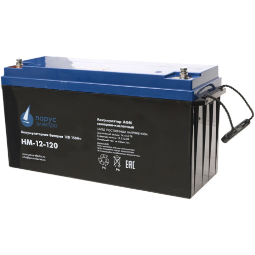 Battery Parus Electro, standard series HM-12-120, voltage 12V, capacity 120Ah (discharge 10 hours), max. discharge current (5sec) 950A, max. charge current 36A, lead-acid type AGM, bolt terminals M8, LxWxH 410x176x224mm, full height with terminals 224mm, 