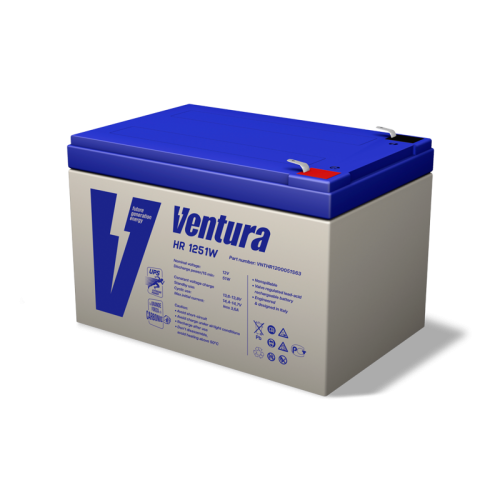 Батарея Ventura серия HR, HR1251W, напряжение  12 В, емкость 12Ач (разряд 20 часов), макс. ток заряда 4А, макс. ток разряда (5 сек.) 195А,  свинцово-кислотная типа AGM,  клеммы  Т2, ДШВ  151x98x101мм, вес 3.57кг/ Ventura battery HR series, HR1251W, voltag