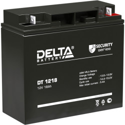 Battery DELTA series DT, DT 1218, voltage 12V, capacity 18Ah (discharge 20 hours), max. discharge current (5 sec.) 250A, max. charge current 5.4A, lead-acid type AGM, terminals for nut and bolt M6, LxWxH 181x77x160mm., weight 5.2kg., service life 5 years.