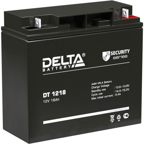 Battery DELTA series DT, DT 1218, voltage 12V, capacity 18Ah (discharge 20 hours), max. discharge current (5 sec.) 250A, max. charge current 5.4A, lead-acid type AGM, terminals for nut and bolt M6, LxWxH 181x77x160mm., weight 5.2kg., service life 5 years.