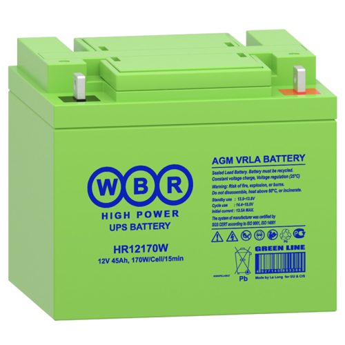 Батарея WBR серия HR, HR12170W, напряжение 12В, емкость 45Ач (разряд 20 часов), 170 Вт/Эл при 15-мин. разряде до U кон. - 1.6 В/Эл при 25 °С, макс. ток разряда (5 сек.) 540А, макс. ток заряда 13.5A, свинцово-кислотная типа AGM,/ Батарея WBR серия HR, HR12