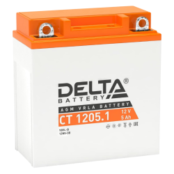 Аккумуляторная батарея для мото-техники/ DELTA серия  CT, CT 1205.1, напряжение 12В, емкость 5 Ач (разряд 10 часов 10.5 В), пусковой ток: 65А, полярность обратная ( - +),  тип AGM;Pb (свинцово-кислотный), клеммы: BN под болт,  ДxШxВ 120x61x129мм., вес  1,