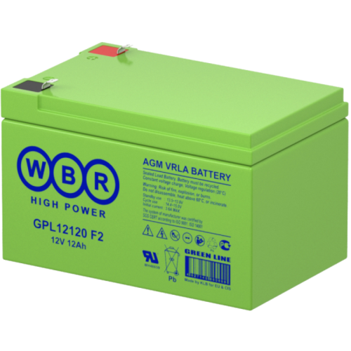 Батарея WBR серия GPL, GPL12120 F2, напряжение 12В, емкость 12Ач(разряд 20 часов),макс. ток разряда(5 сек.)180А,макс. ток заряда 3.6A,свинцово-кислотная типа AGM, клеммы F1/F2 Faston Tab,ДxШxВ 151x98x98мм.,вес 4.02кг.,срок службы до 12 лет в буф/реж./ Бат