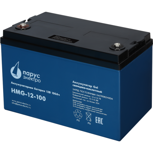 Battery Parus Electro, professional series HMG-12-100, voltage 12V, capacity 100Ah (discharge 10 hours), max. discharge current (5sec) 900A, max. charge current 30A, lead-acid GEL type, M8 bolt terminals, LxWxH 330x171x215mm, total height with terminals 2 Battery Parus Electro, professional series HMG-12-100, voltage 12V, capacity 100Ah (discharge 10 hours), max. discharge current (5sec) 900A, max. charge current 30A, lead-acid GEL type, M8 bolt terminals, LxWxH 330x171x215mm, total height with terminals 2