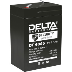 Battery DELTA series DT, DT 4045, voltage 4V, capacity 4.5Ah (discharge 20 hours), max. discharge current (5 sec.) 60A, max. charge current 1.35A, lead-acid type AGM, terminals F1, LxWxH 70x47x101mm., weight 0.5kg., service life 5 years.