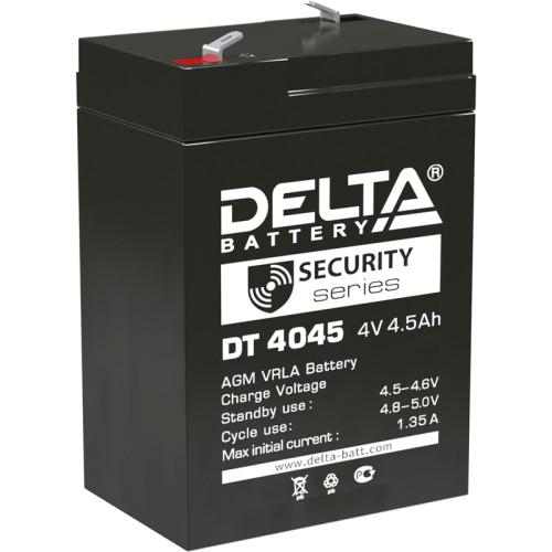 Battery DELTA series DT, DT 4045, voltage 4V, capacity 4.5Ah (discharge 20 hours), max. discharge current (5 sec.) 60A, max. charge current 1.35A, lead-acid type AGM, terminals F1, LxWxH 70x47x101mm., weight 0.5kg., service life 5 years.